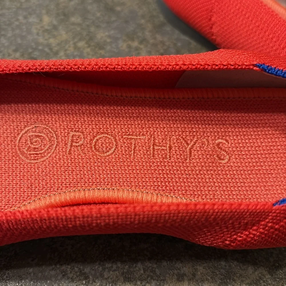 Rothy's Coral-Red Pointed Knit Flats with Blue Trim - Picture 4 of 10